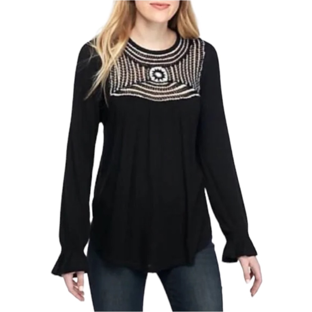 Free People Soulmate Crochet Tunic Top Black Waffle Knit Long Sleeves Size S - Picture 1 of 9